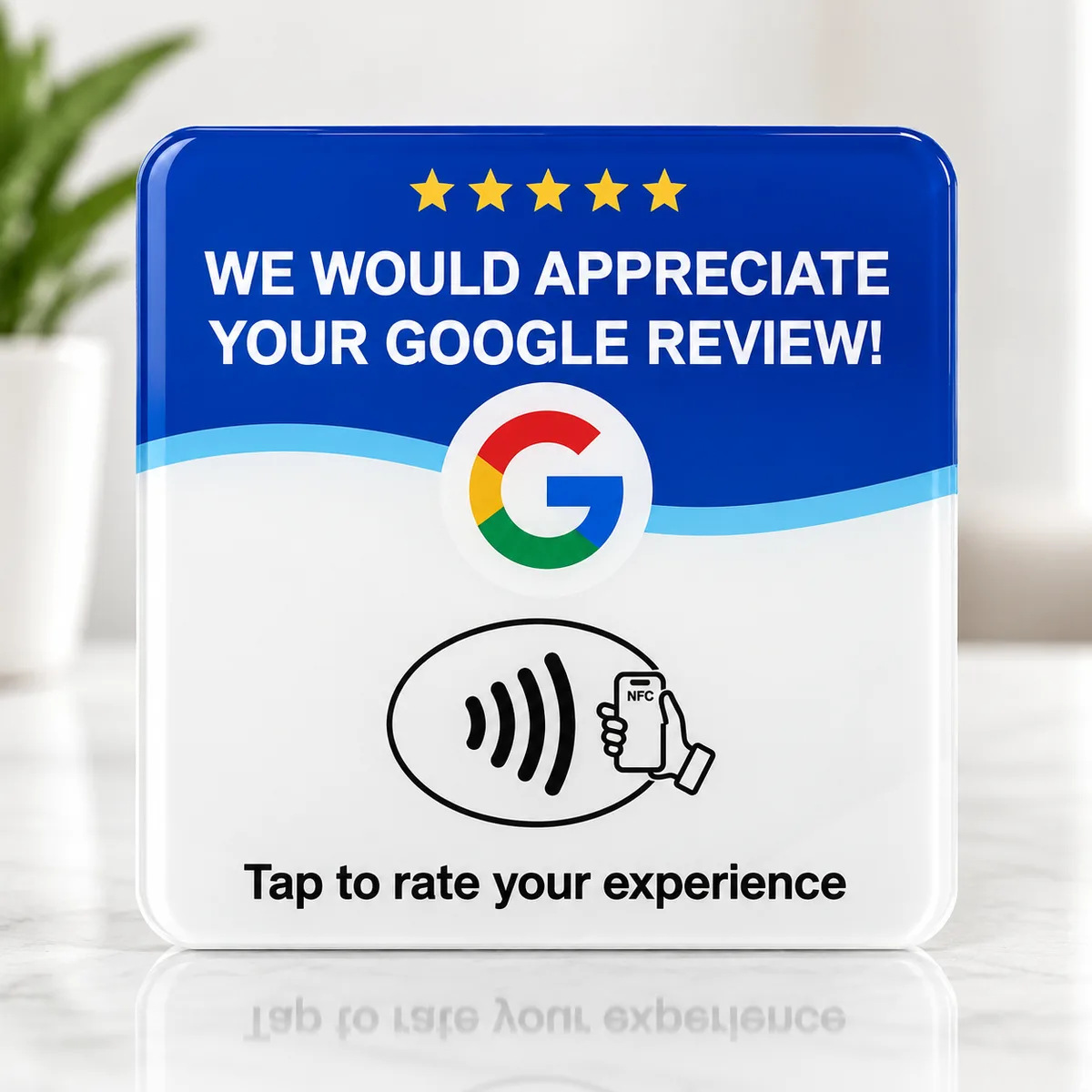 Blue and white acrylic Google review tap card with a tap-to-review symbol