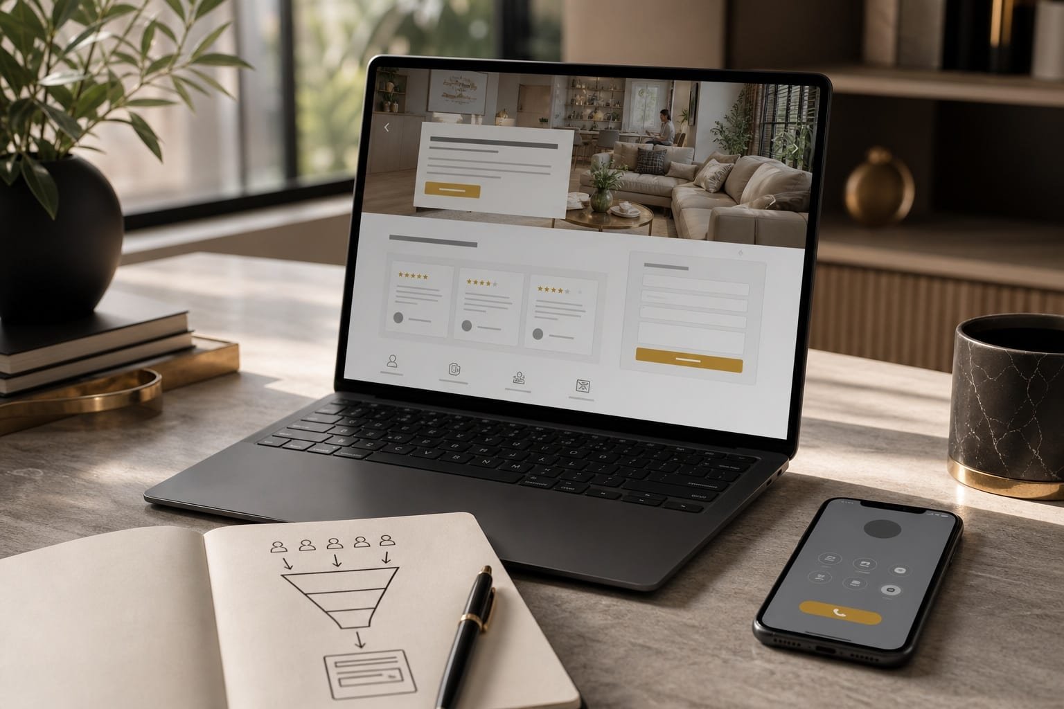 Small business website conversion path shown on laptop and phone