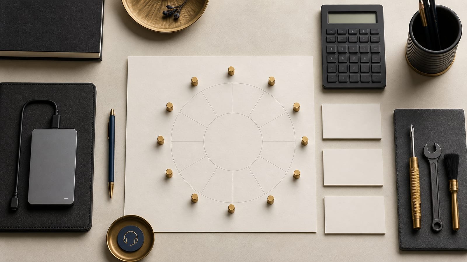 Top-down annual website operating plan with twelve brass markers, a calculator, backup drive, support token, and maintenance tools