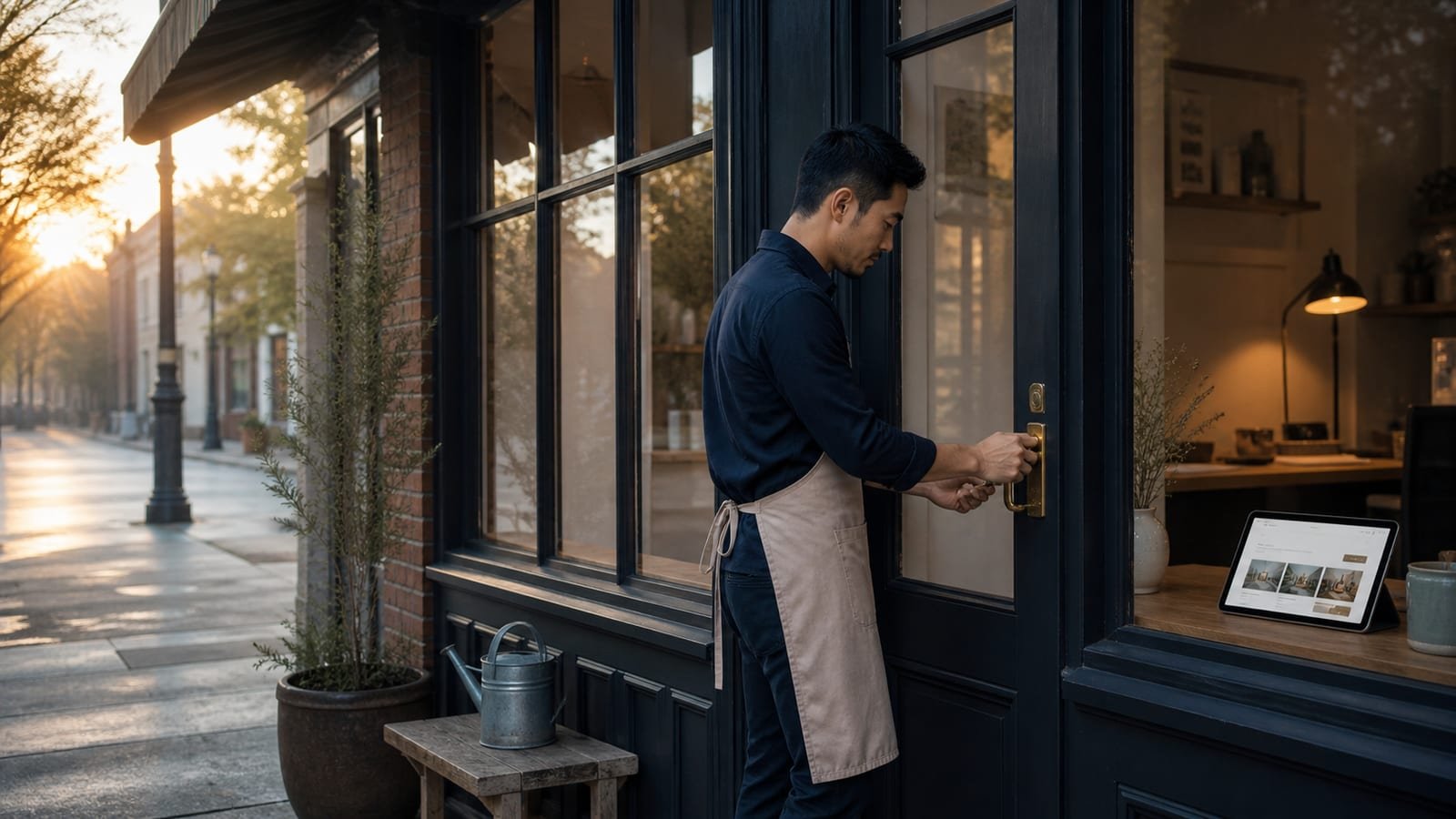 Independent local-business owner opening a storefront while a website is ready on a tablet inside