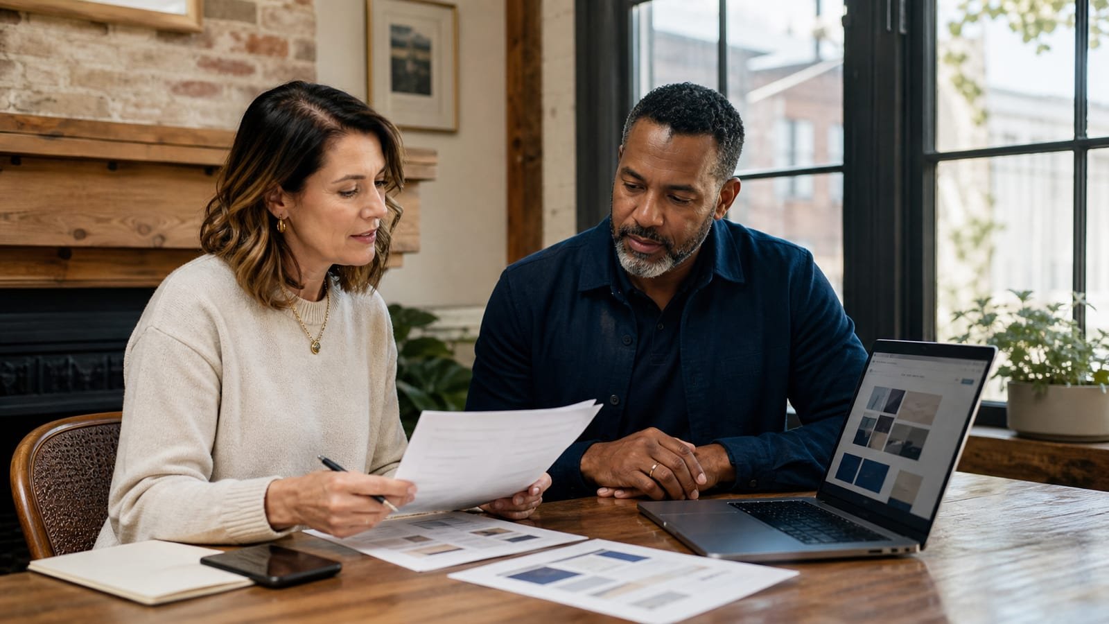 Small-business owner and website advisor reviewing a written service scope beside a laptop