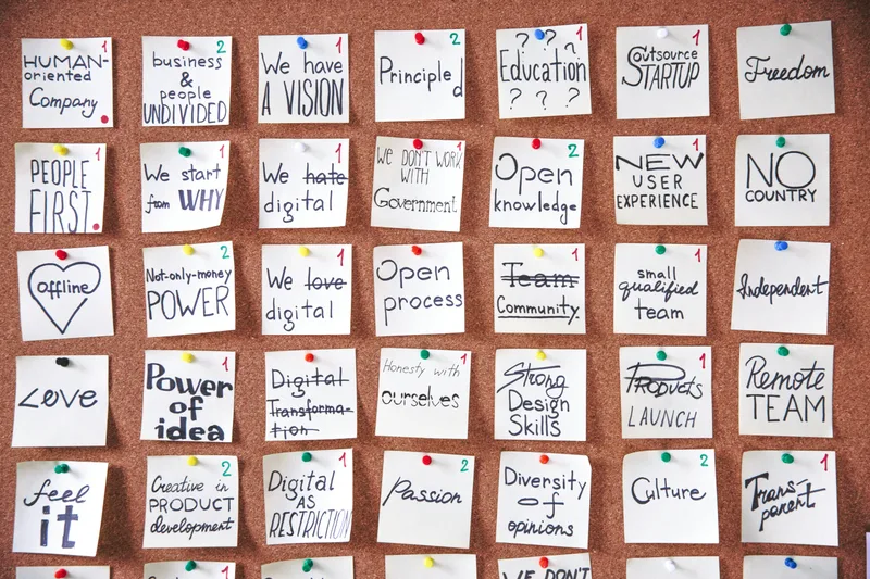 Website planning notes on a wall of sticky notes