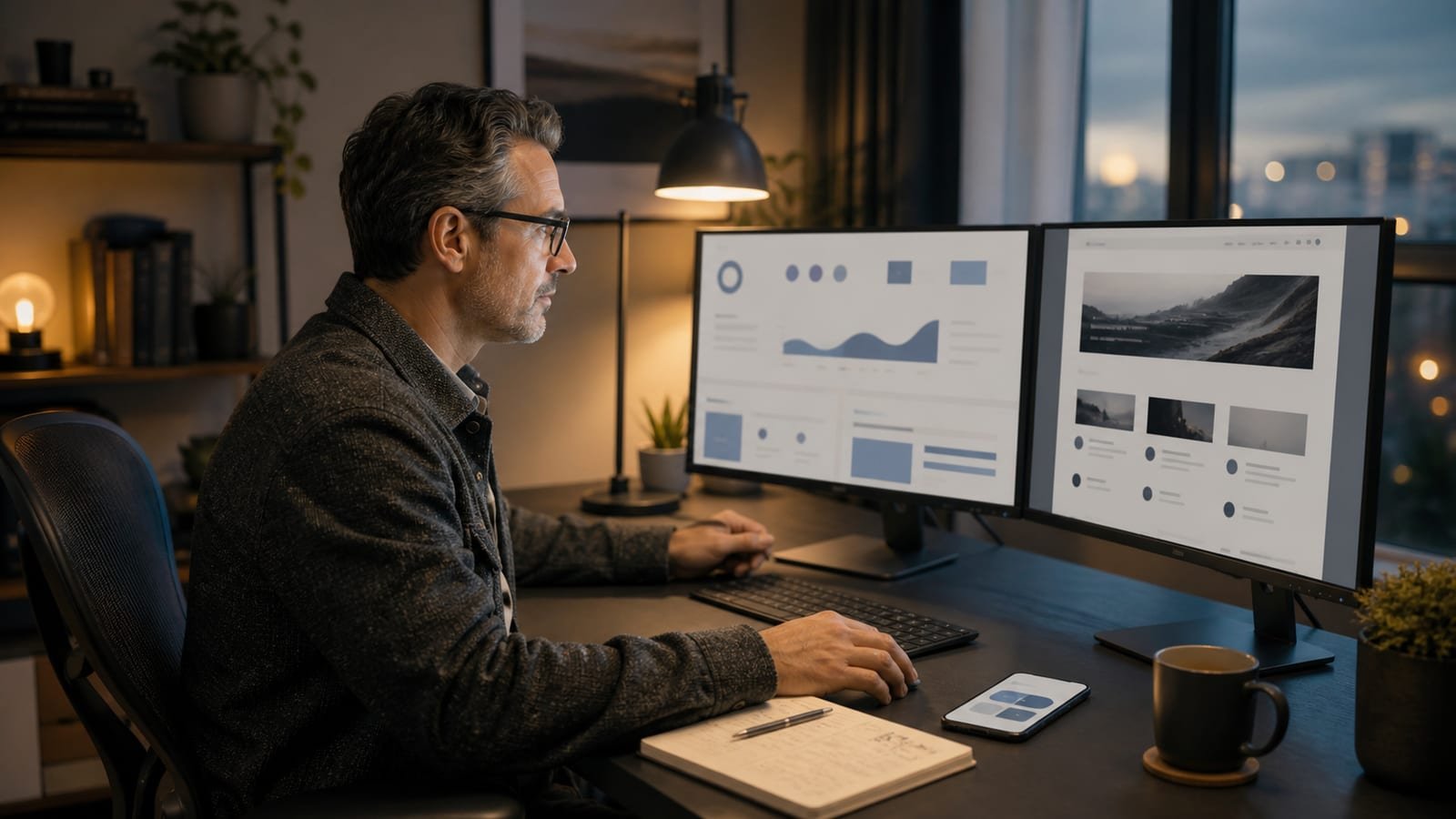 Website operations specialist reviewing abstract site-health and page checks on two monitors